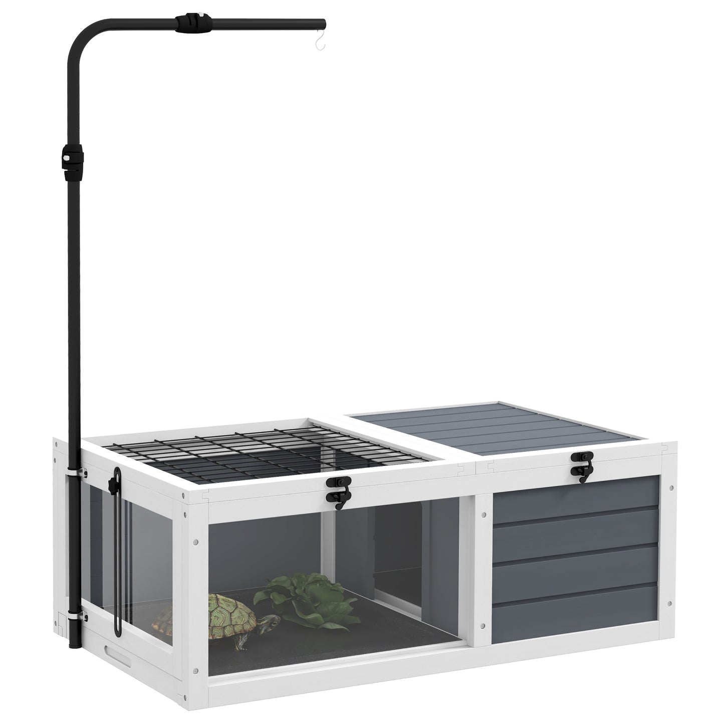 Tortoise Table with Adjustable Lamp Holder, Wooden Tortoise House w/ Openable Lids, Pull-Out Trays - Grey