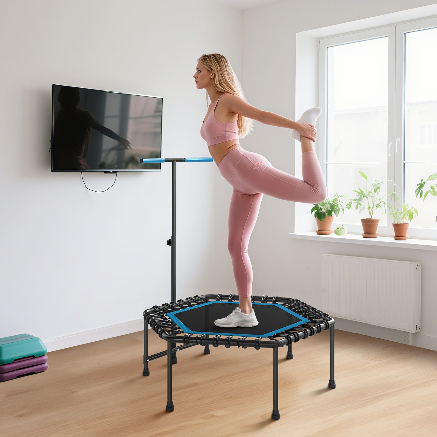 45" Rebounder Trampoline for Adults, Quiet Bungee Rebounder with LED Lights and Adjustable Handle, Blue