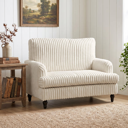 Corduroy Single Sofa Armchair, Modern Accent Chair with Stripes, Turned Legs and Wide Seat, Cream