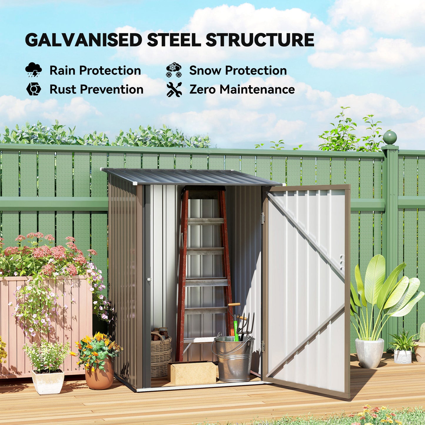 3.3 x 3.4ft Lean To Steel Garden Shed with Locking Door - Brown/Grey