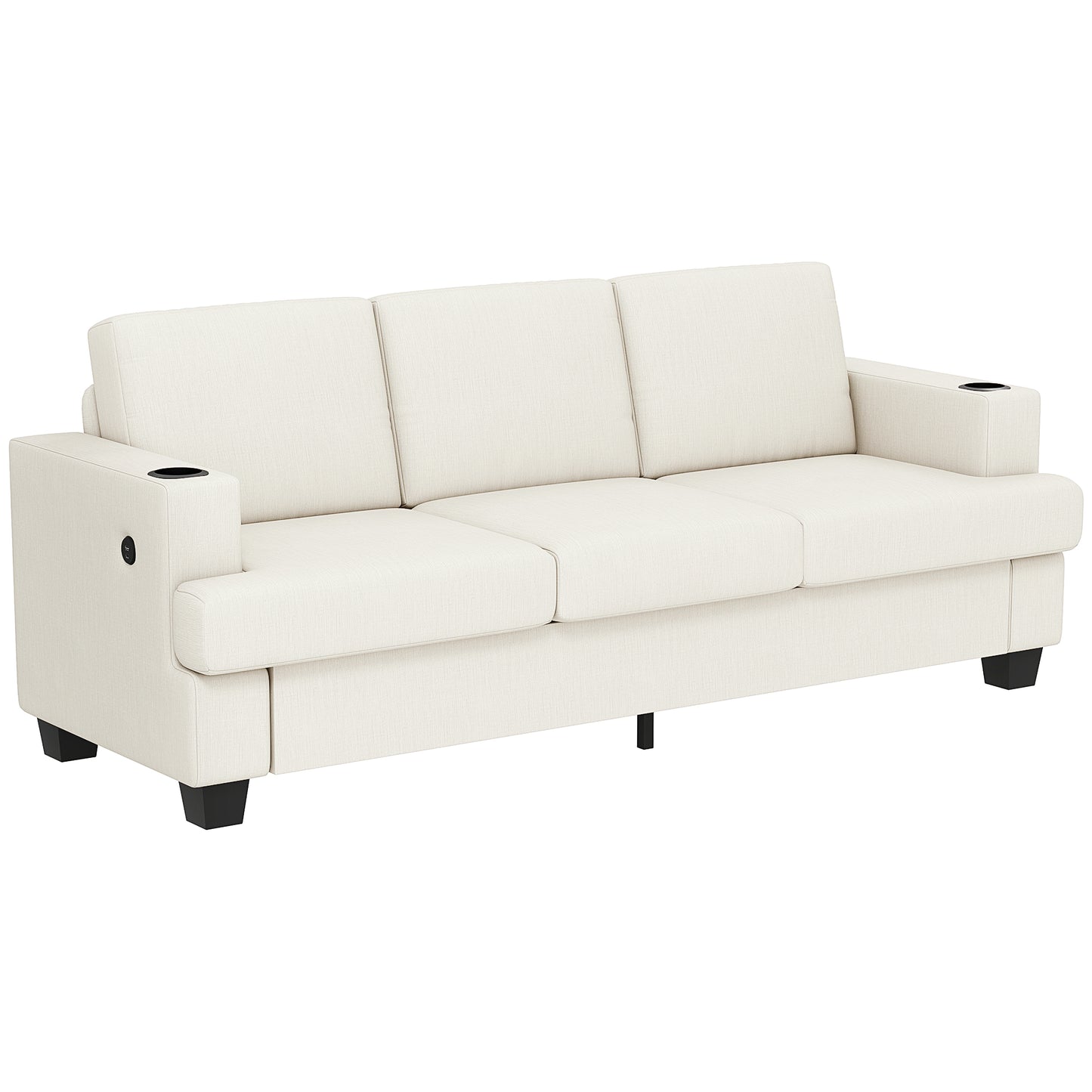 3 Seater Sofa with USB Ports & Cup Holders - Cream White