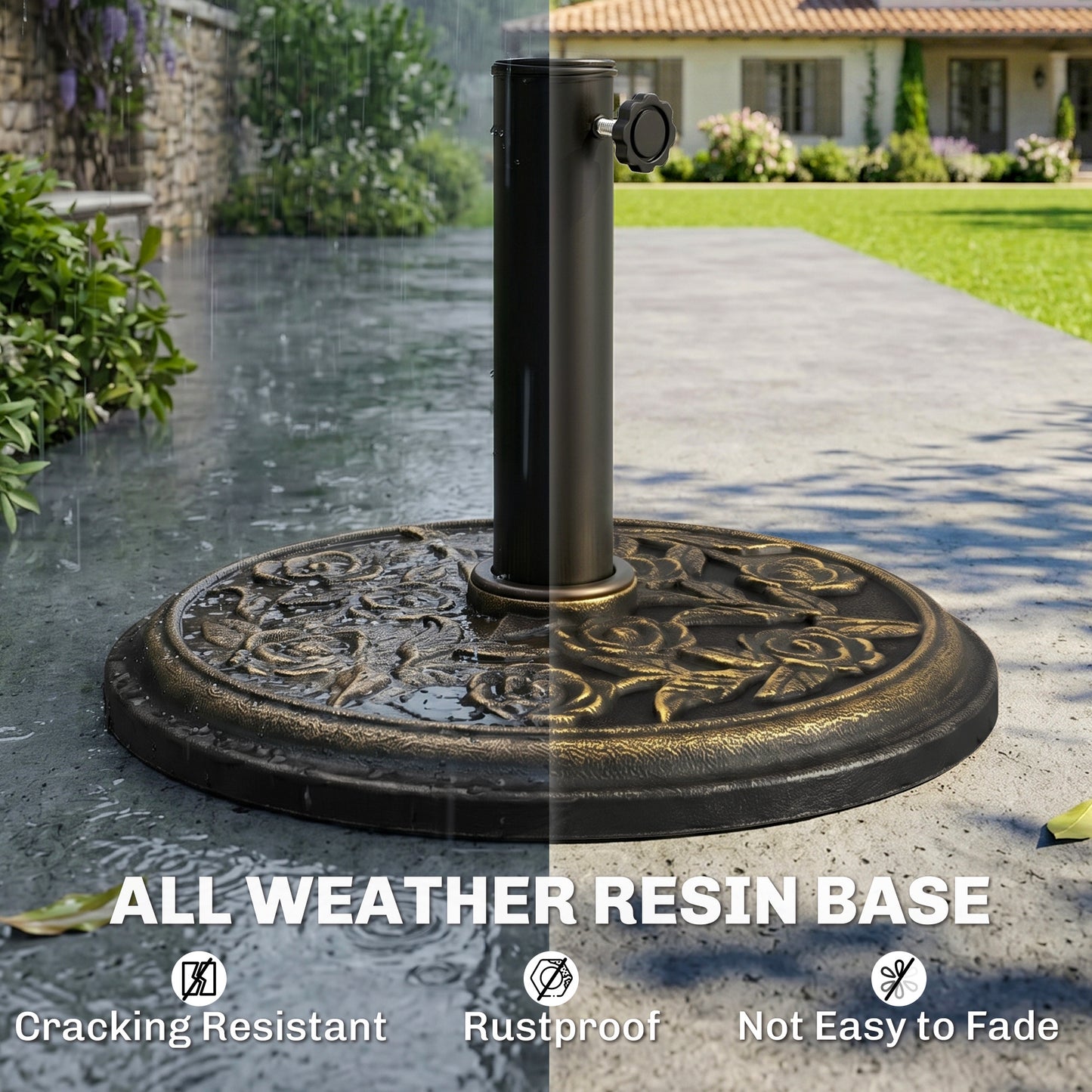 9kg Garden Parasol Base, Round Resin Cast Iron Effect Sun Umbrella Base
