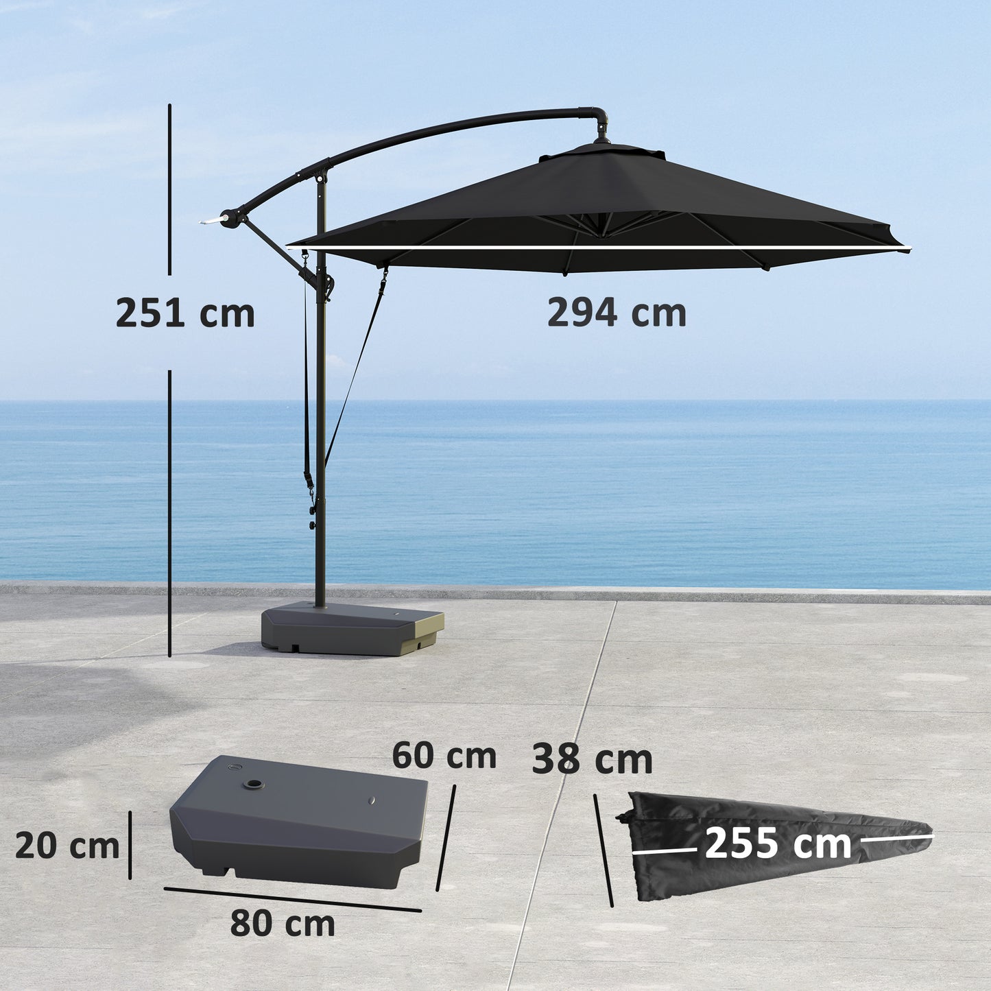 3(m) Garden Cantilever Parasol with Fillable Base up to 90kg, Wind Protection Strap, Cover
