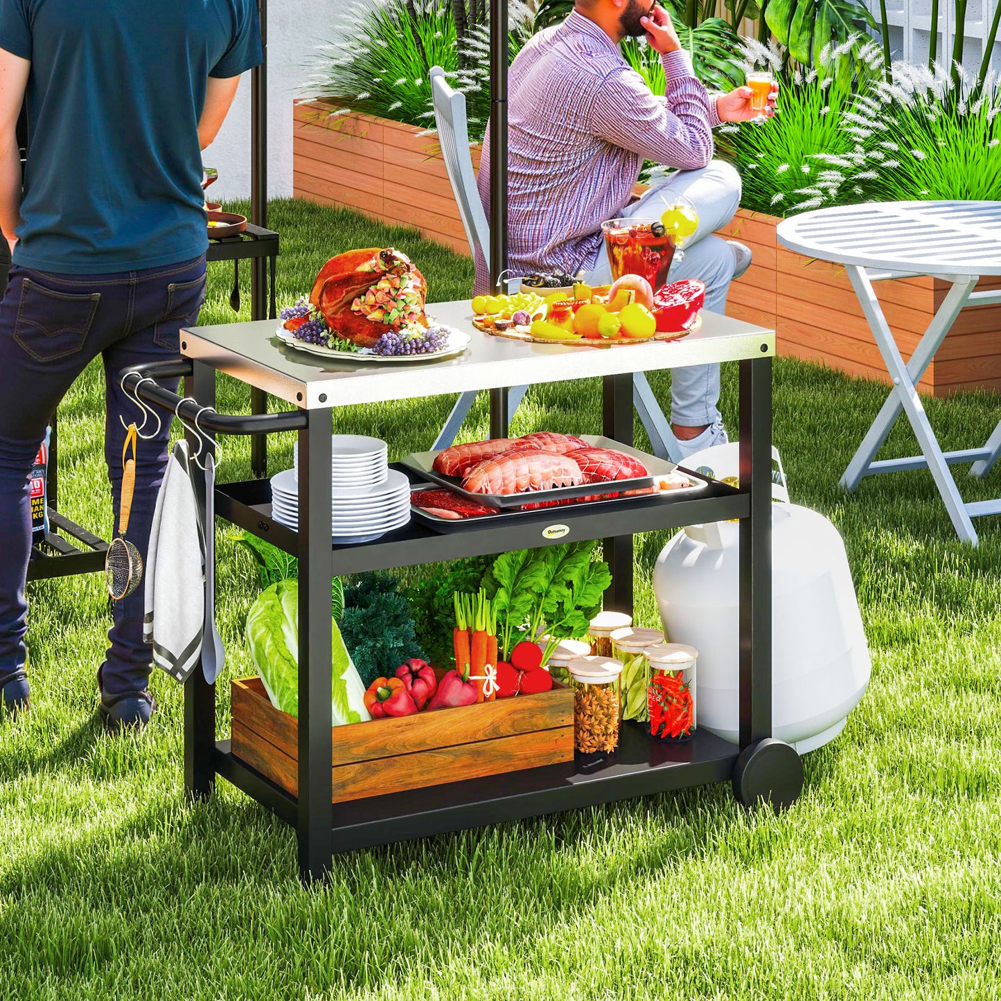 Outdoor Grill Dining Cart 3-Shelf Movable Pizza Oven Table Stand with Stainless Steel Top
