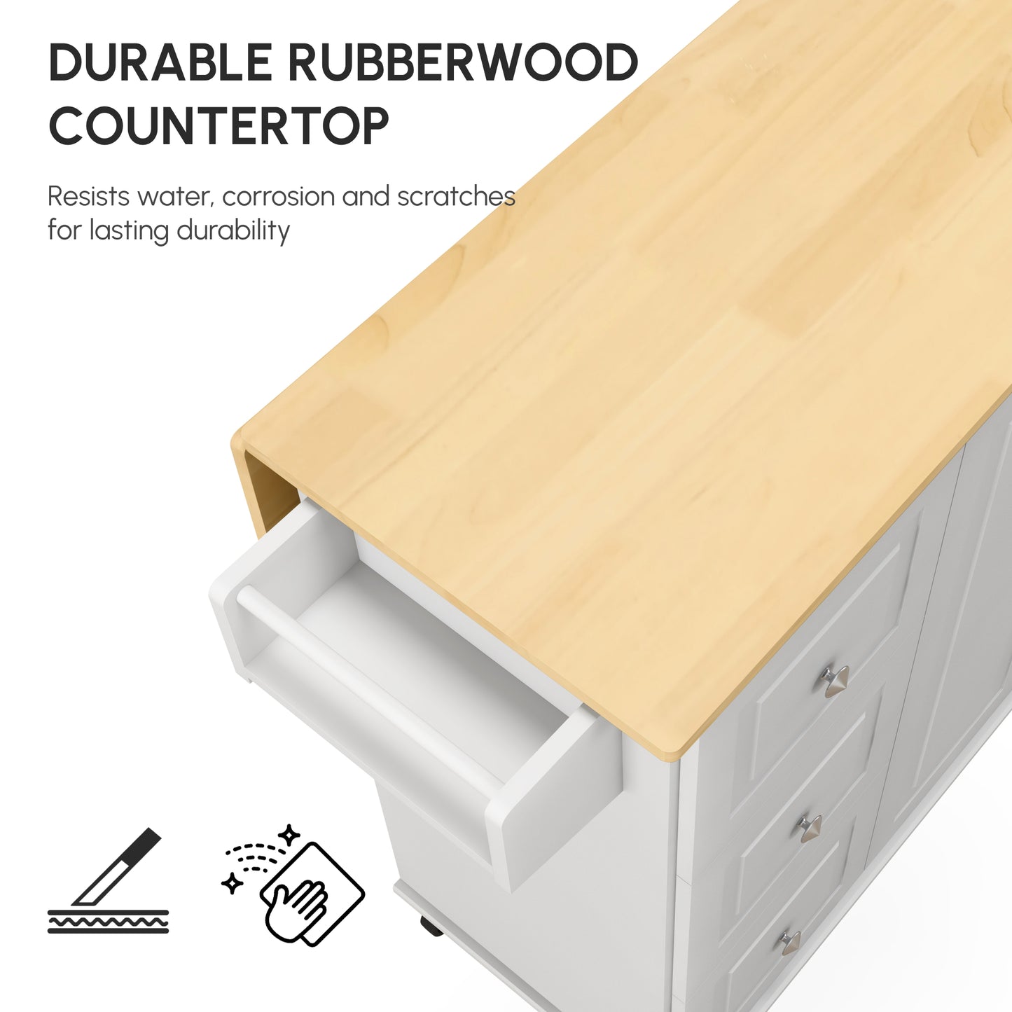Kitchen Island with Drop Leaf, Rolling Kitchen Storage Trolley on Wheels with 3 Drawers, Spice Rack and Towel Rack