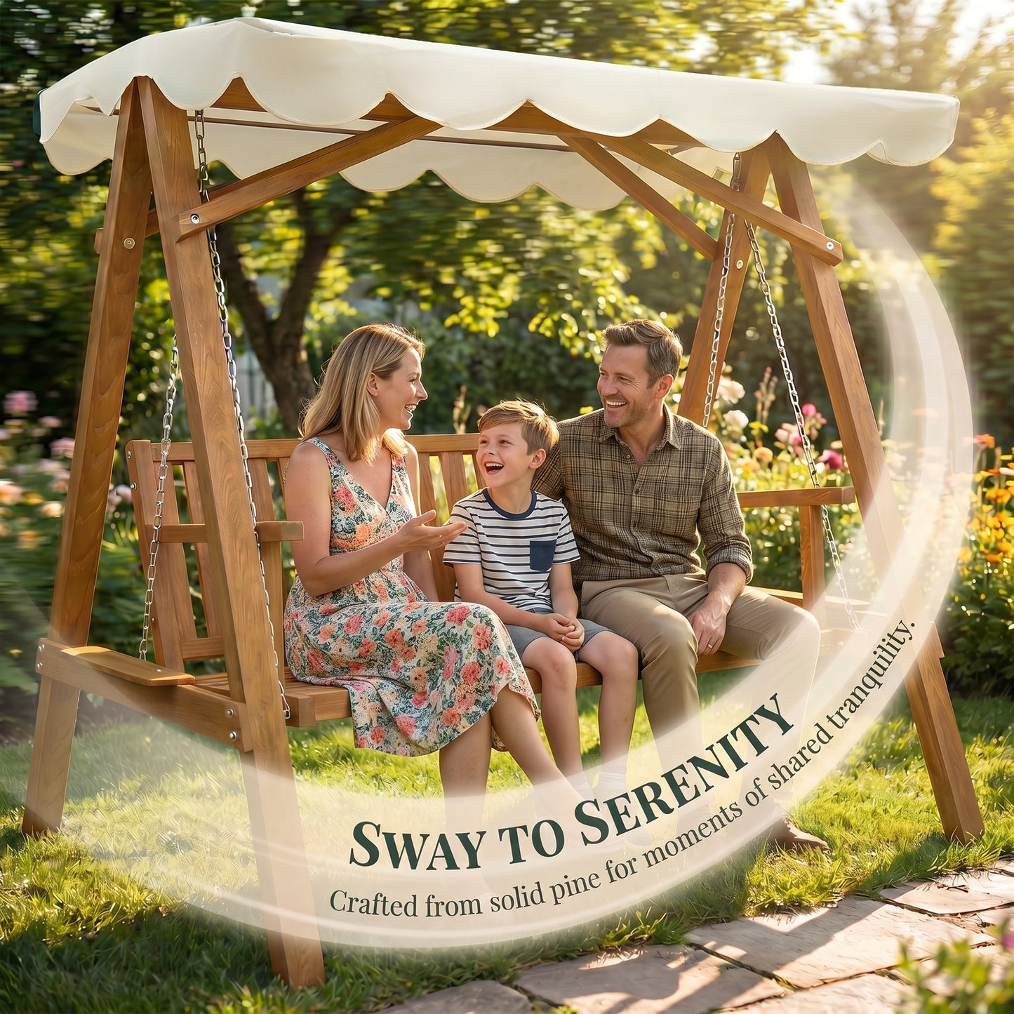 3 Seater Garden Swing Seat with Canopy, Wooden Swing Chair, Outdoor Hammock Bench for Balcony Patio Porch, Cream White