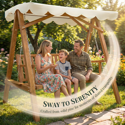3 Seater Garden Swing Seat with Canopy, Wooden Swing Chair, Outdoor Hammock Bench for Balcony Patio Porch, Cream White