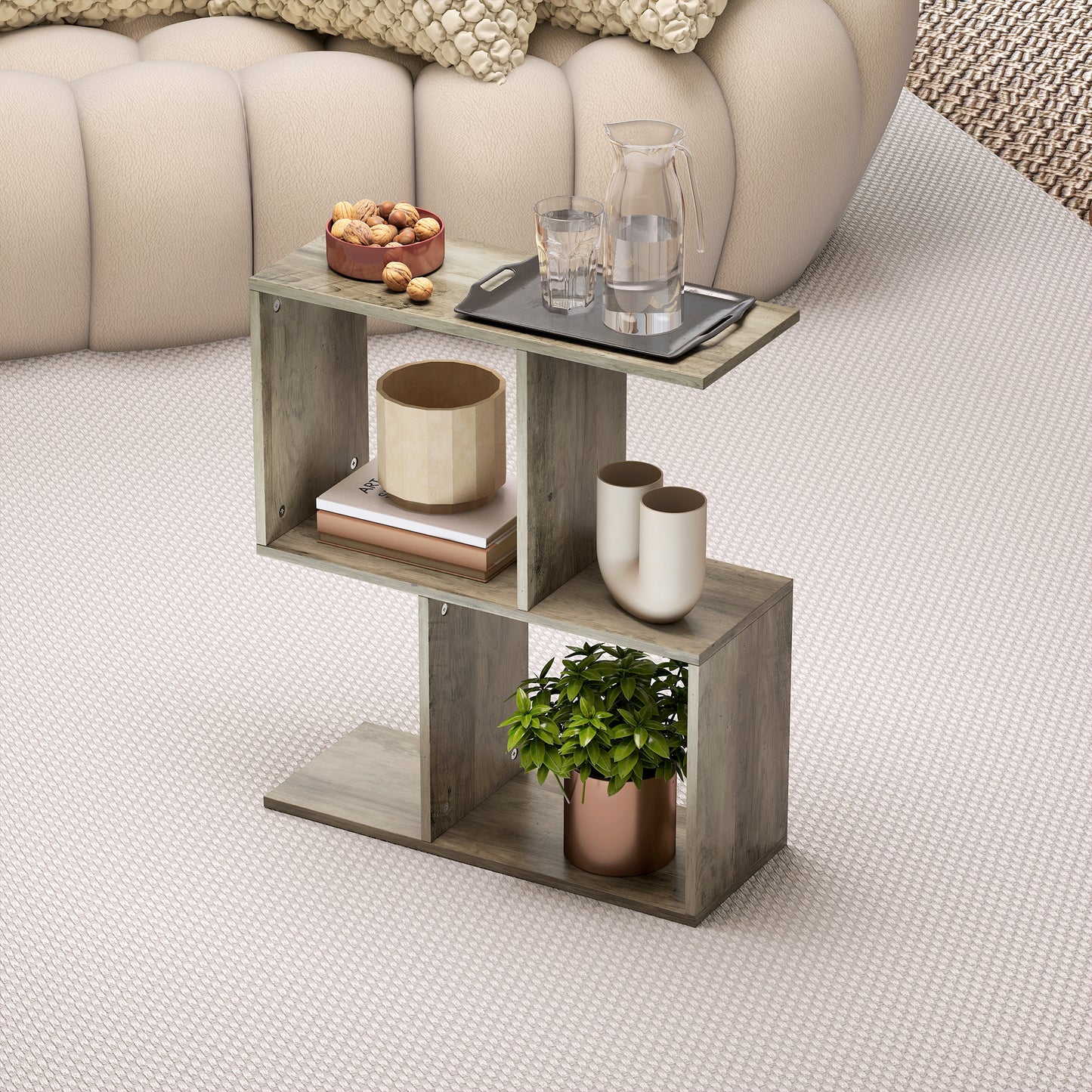 Side Table, Narrow End Table with Storage Shelves, S-Shaped, 3-Tier, 50W x 19.5D x 58H cm, Grey