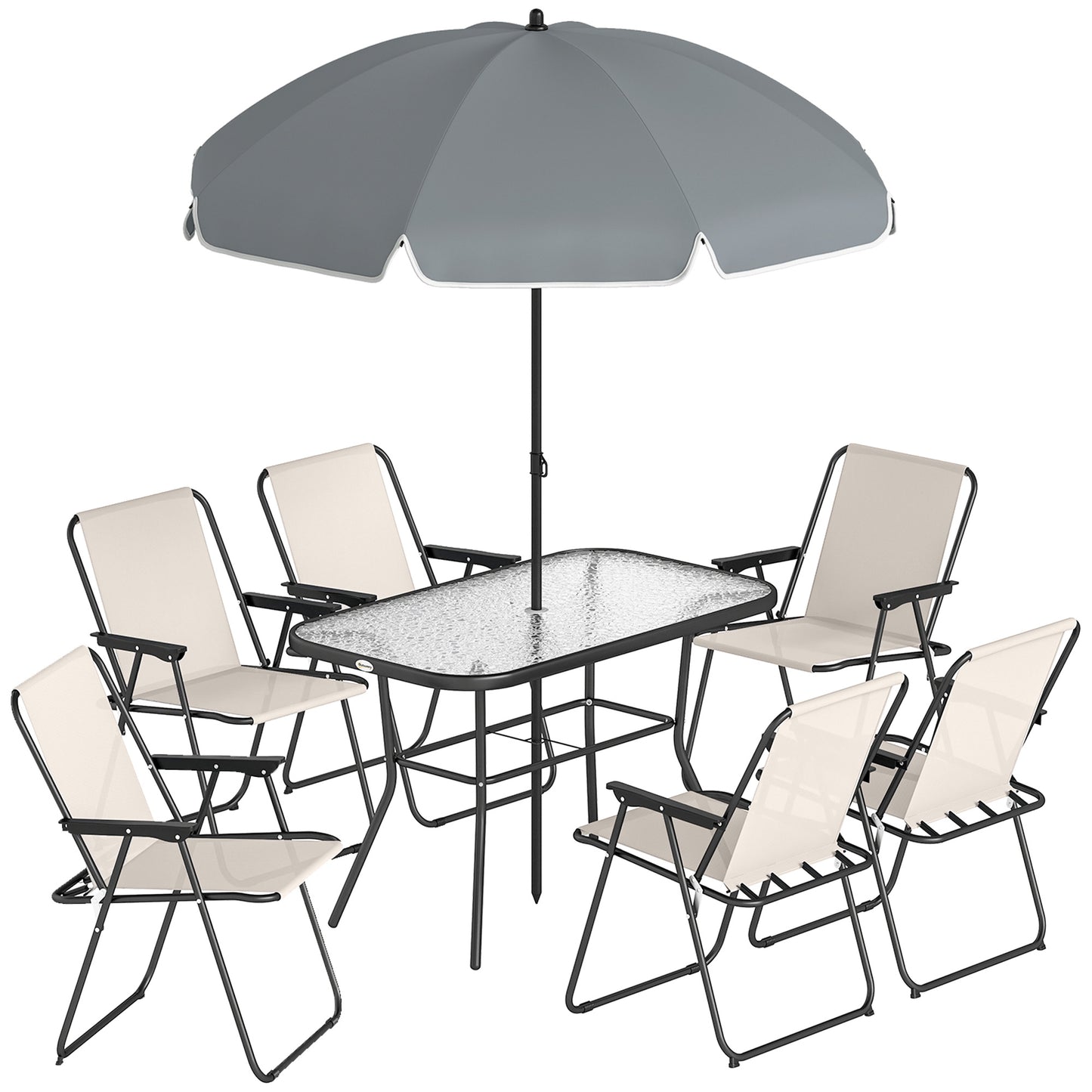 8 Piece Garden Dining Set with Umbrella Garden Furniture Set with 6 Folding Chairs, Tempered Glass Table for Patio Cream