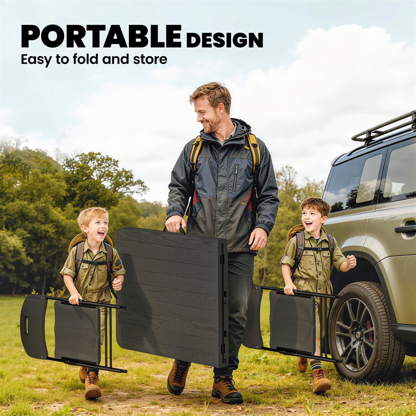 5 Piece 6ft Foldable Table and Chairs, Portable Picnic Table Set with 4 Chairs, Waterproof Top and Steel Frame, Black
