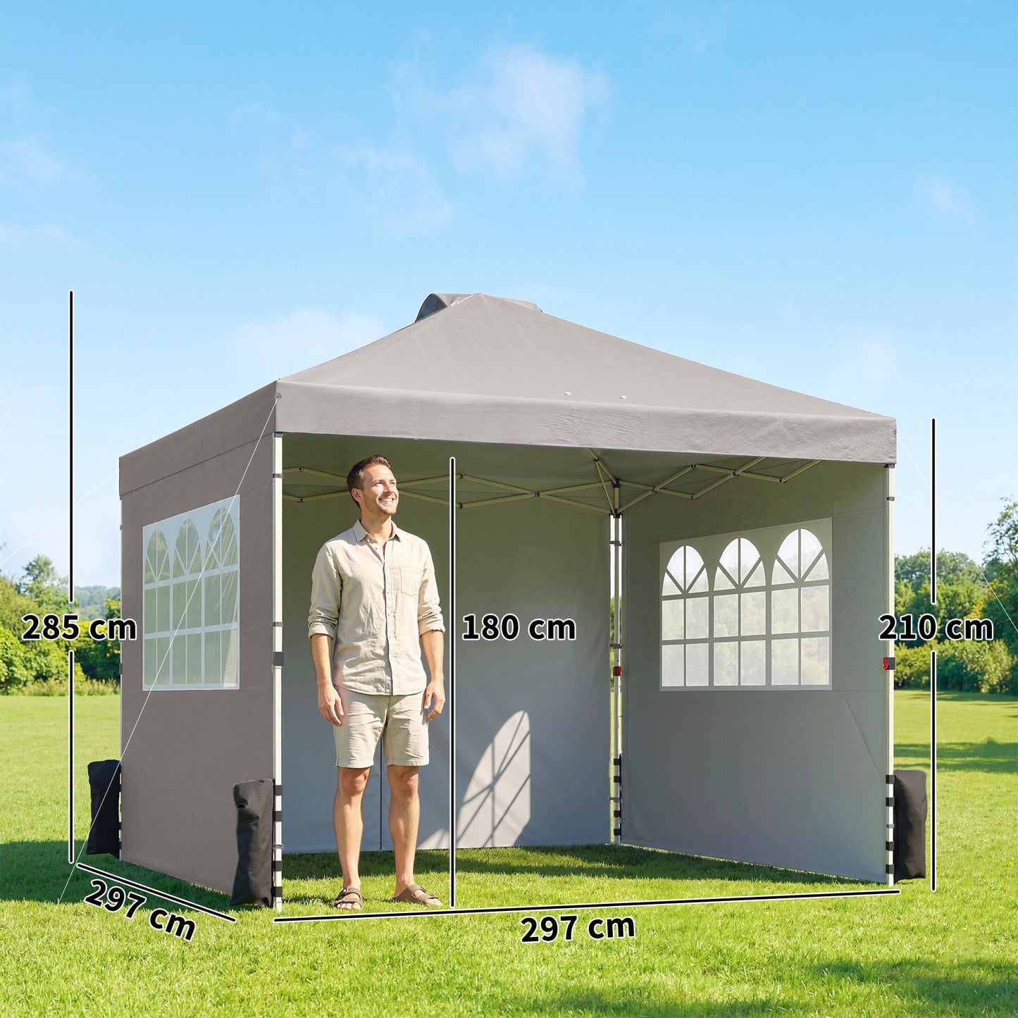 Pop Up Gazebo Waterproof Height Adjustable Canopy with 3 Sidewalls Wheeled Bag for Parties 3 x 3 m Grey