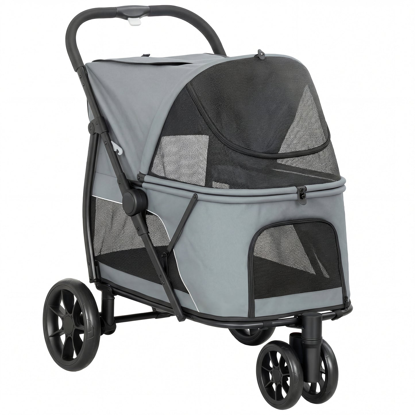 Dog Stroller, 3 Wheels Pet Stroller with Dual Entry, Easy One-Click Quick Fold, Mesh Windows, Washable Cushion