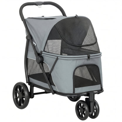 Dog Stroller, 3 Wheels Pet Stroller with Dual Entry, Easy One-Click Quick Fold, Mesh Windows, Washable Cushion