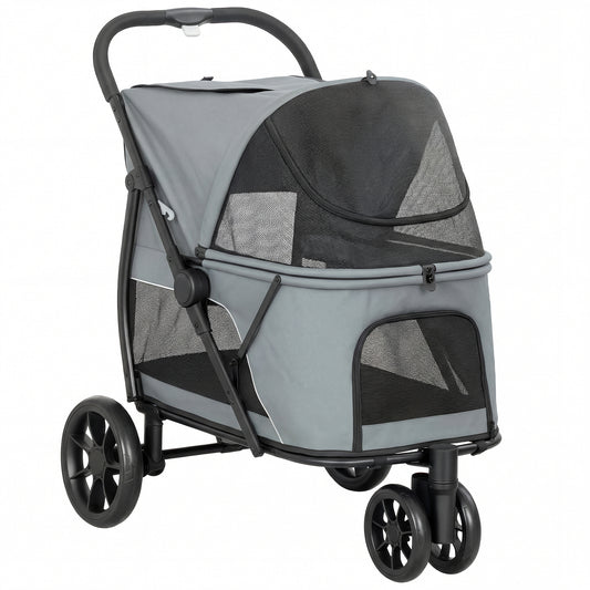 Dog Stroller, 3 Wheels Pet Stroller with Dual Entry, Easy One-Click Quick Fold, Mesh Windows, Washable Cushion