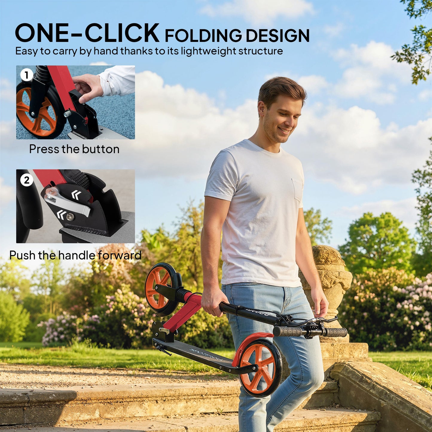 One-click Folding Kick Scooter for 14+ w/ Adjustable Handlebar, Push Scooter with Kickstand, Dual Brake System, Red