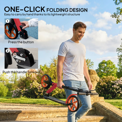 One-click Folding Kick Scooter for 14+ w/ Adjustable Handlebar, Push Scooter with Kickstand, Dual Brake System, Red