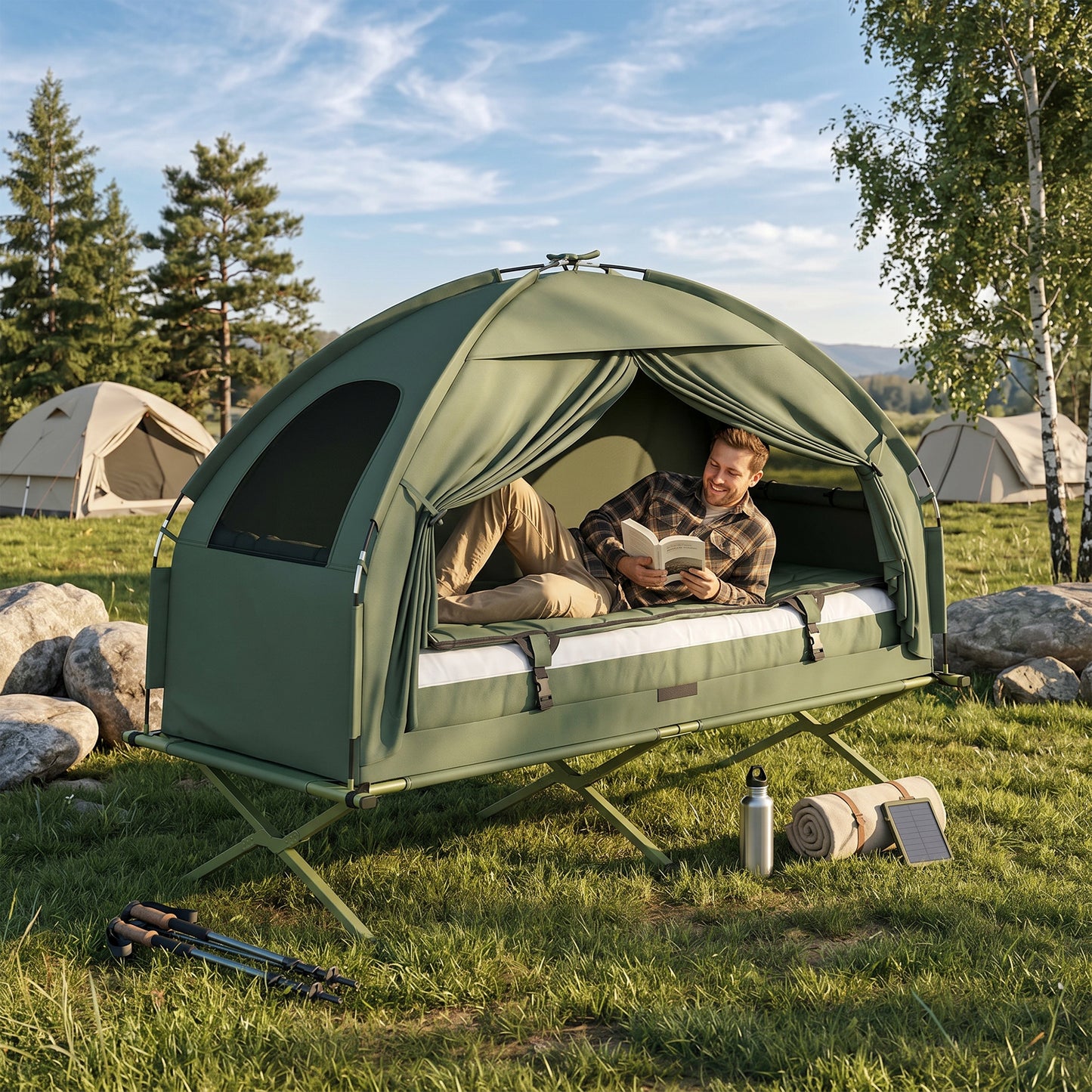 1 person Foldable Camping Tent w/Sleeping Bag Air Mattress Outdoor Hiking Picnic Bed cot w/Foot Pump