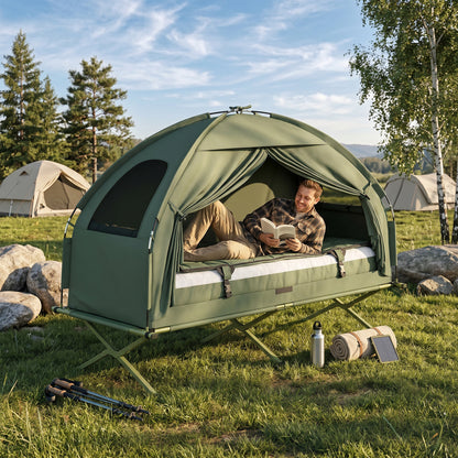 1 person Foldable Camping Tent w/Sleeping Bag Air Mattress Outdoor Hiking Picnic Bed cot w/Foot Pump