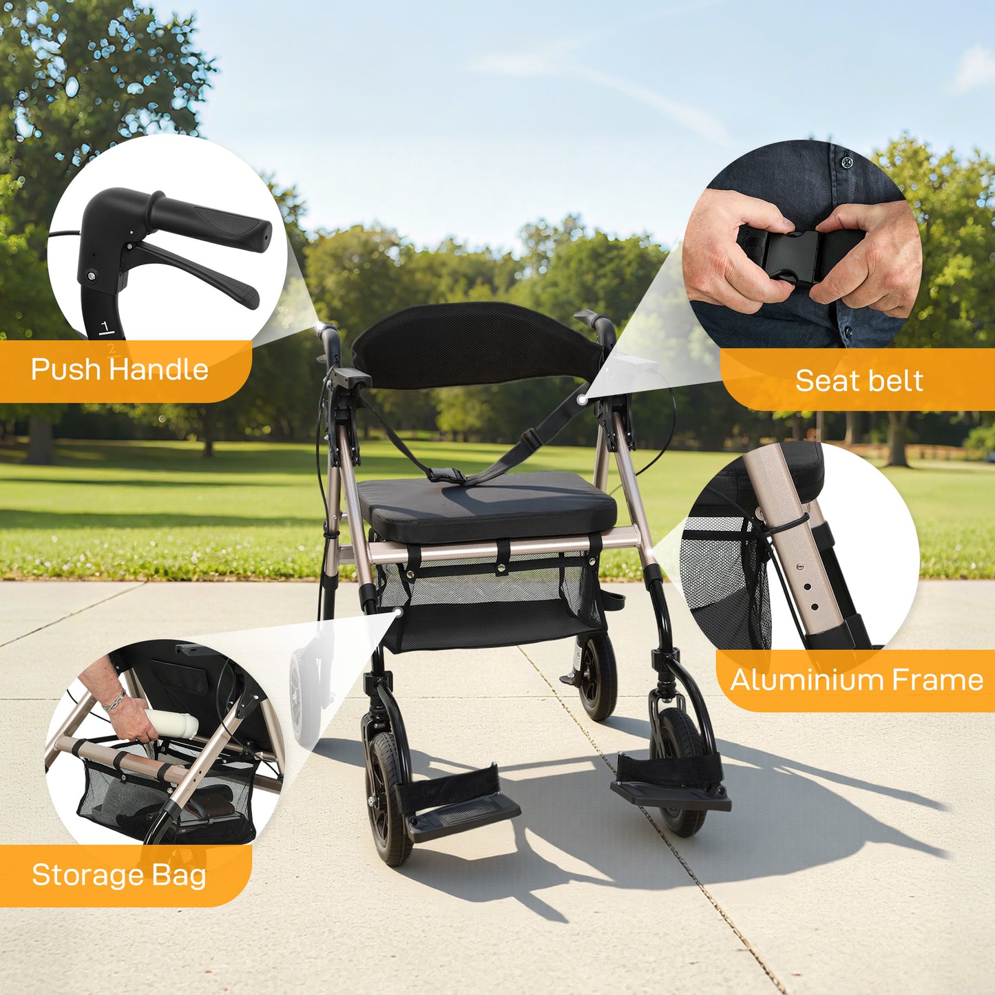 Rollator Walker Wheelchair, with Seat - Black