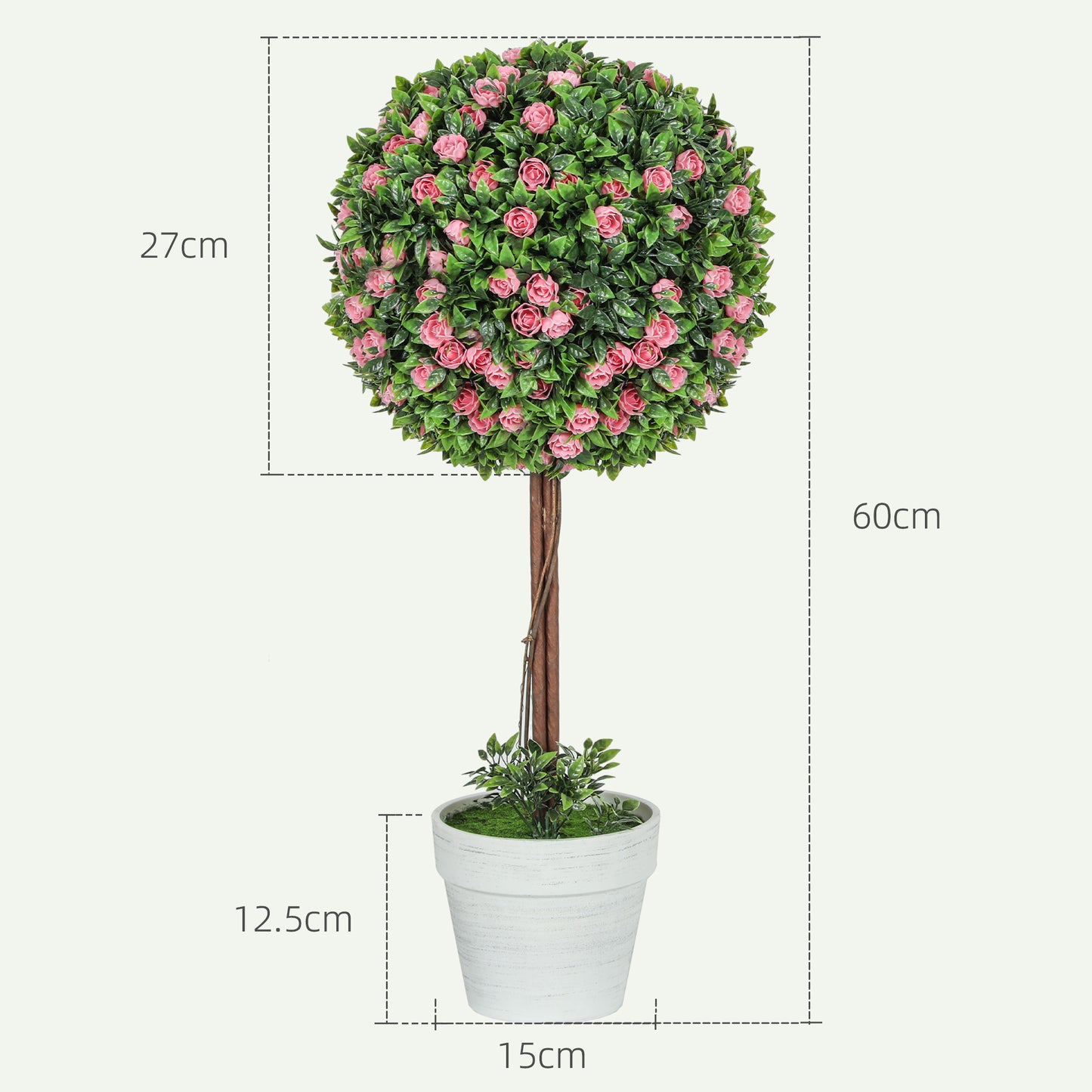 Set of 2 Decorative Artificial Plants, Ball Topiary Tree with Rose Flower in Pot, Fake Plants for Home Indoor Outdoor Decor
