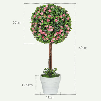 Set of 2 Decorative Artificial Plants, Ball Topiary Tree with Rose Flower in Pot, Fake Plants for Home Indoor Outdoor Decor