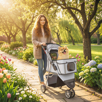 Dog Stroller, 3 Wheels Foldable Pet Stroller with Adjustable Canopy, Storage Basket for Small Mini Breeds, Grey