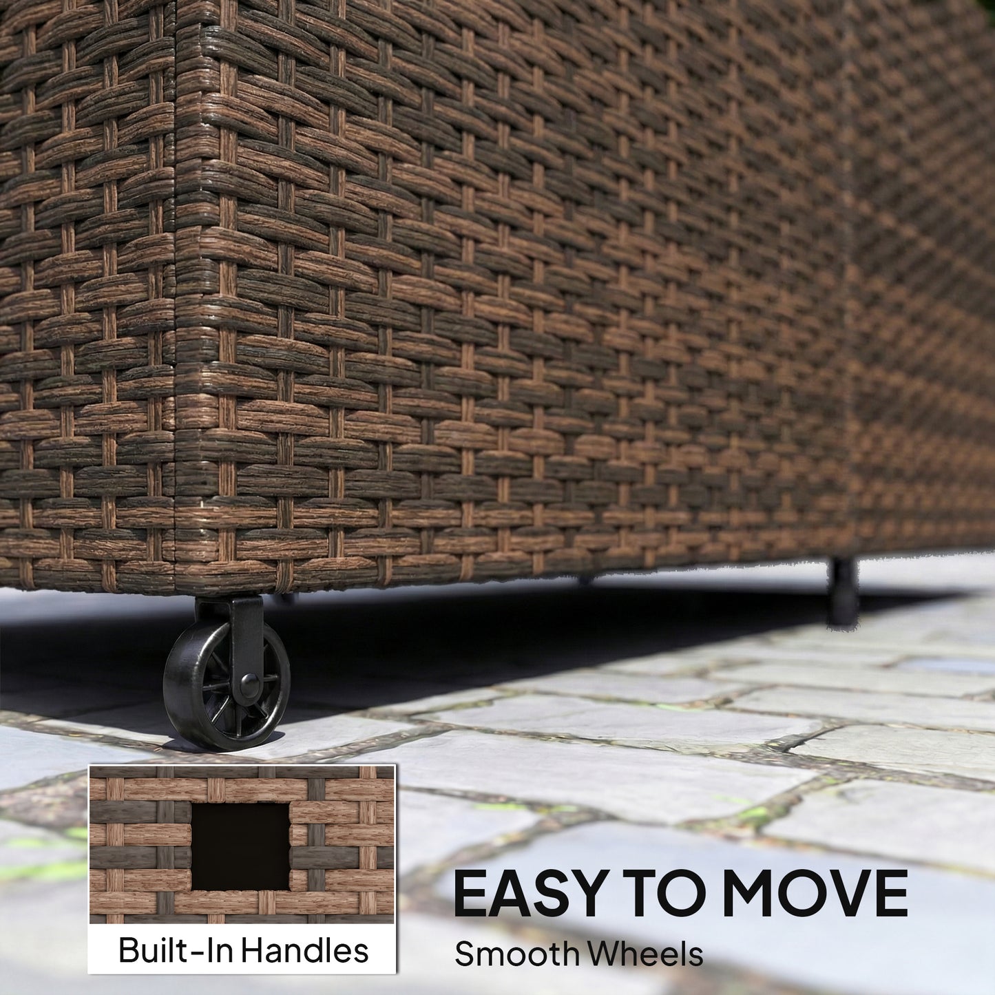 650L Garden Storage Box with 2 Wheels, Rattan Deck Box with Waterproof Zipped Liner, Safe Pneumatic Rods, Mixed Brown