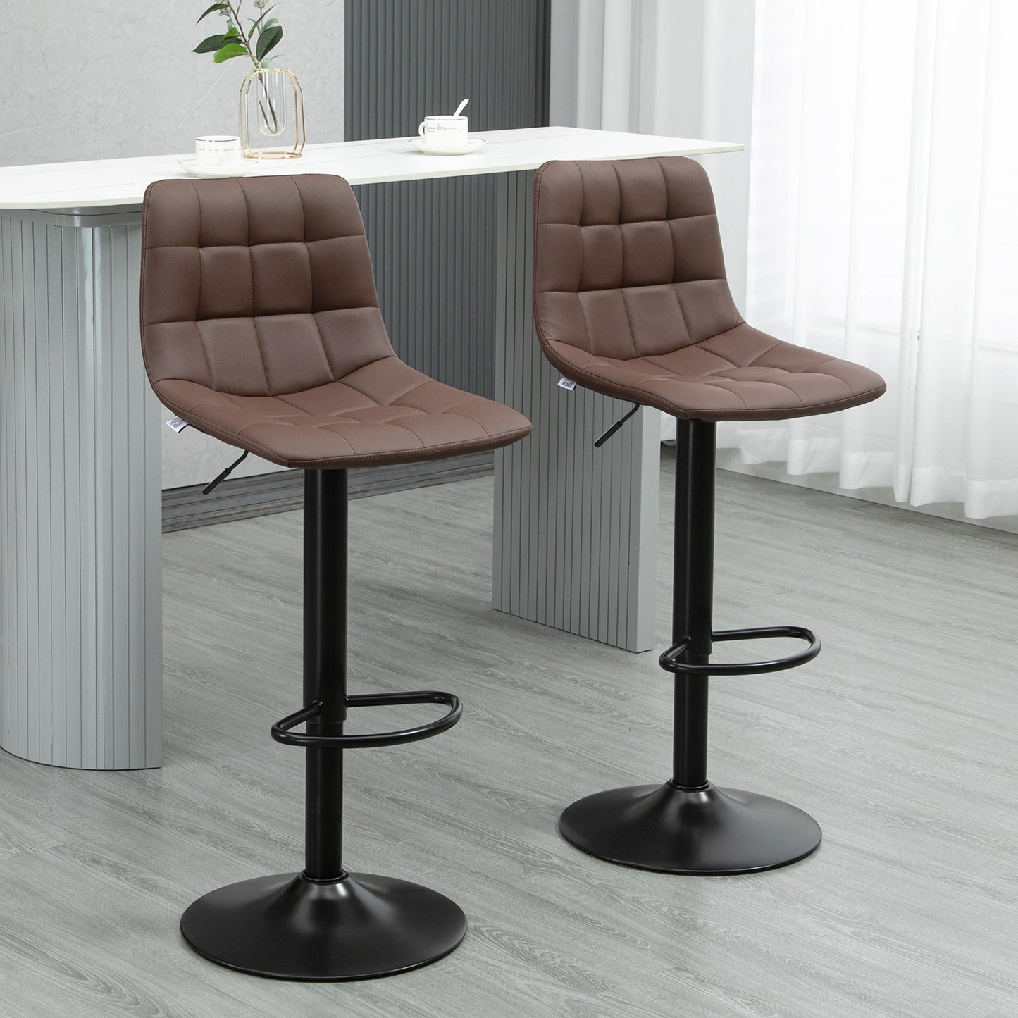 Adjustable Bar Stools Set of 2, Swivel PU Leather Upholstered Barstools with Tufted Seat and Back