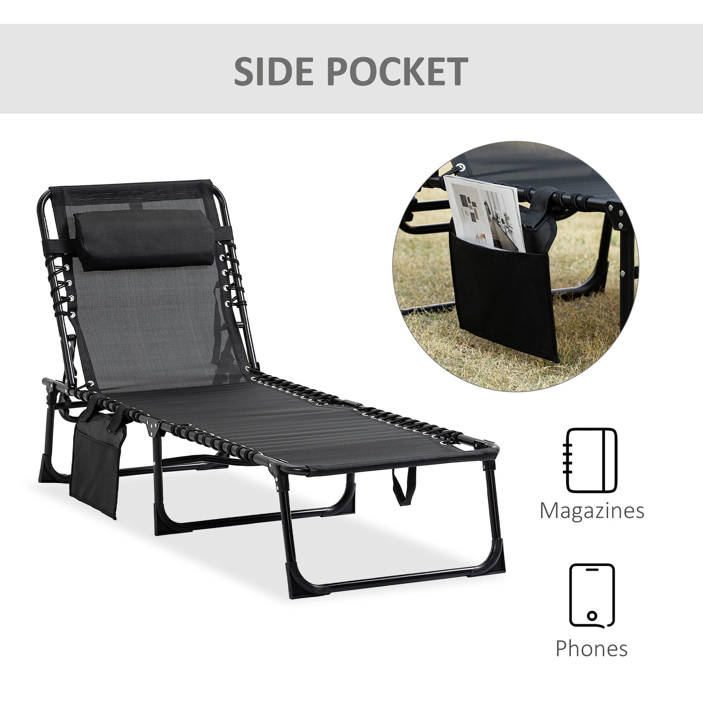 Portable Sun Lounger, Folding Camping Bed Cot, Reclining Lounge Chair 5-position Adjustable Backrest with Side Pocket