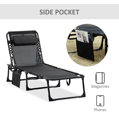 Portable Sun Lounger, Folding Camping Bed Cot, Reclining Lounge Chair 5-position Adjustable Backrest with Side Pocket