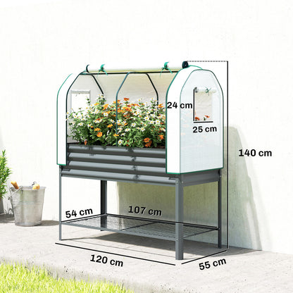 Galvanised Raised Planter with Greenhouse Cover, Metal Raised Garden Bed on Legs with Bed Liner and Bottom Shelf