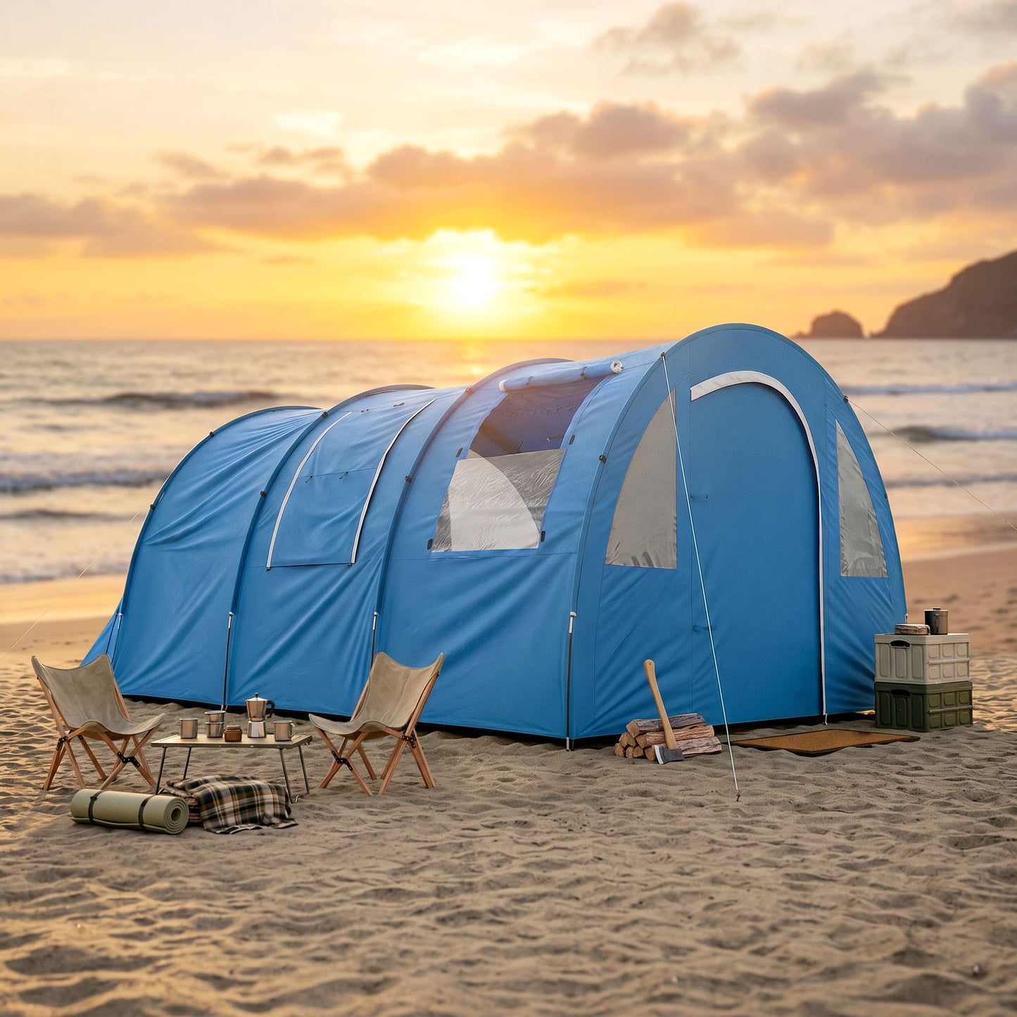 4 Man Camping Tent with 2 Room, Floor and Carry Bag - Blue