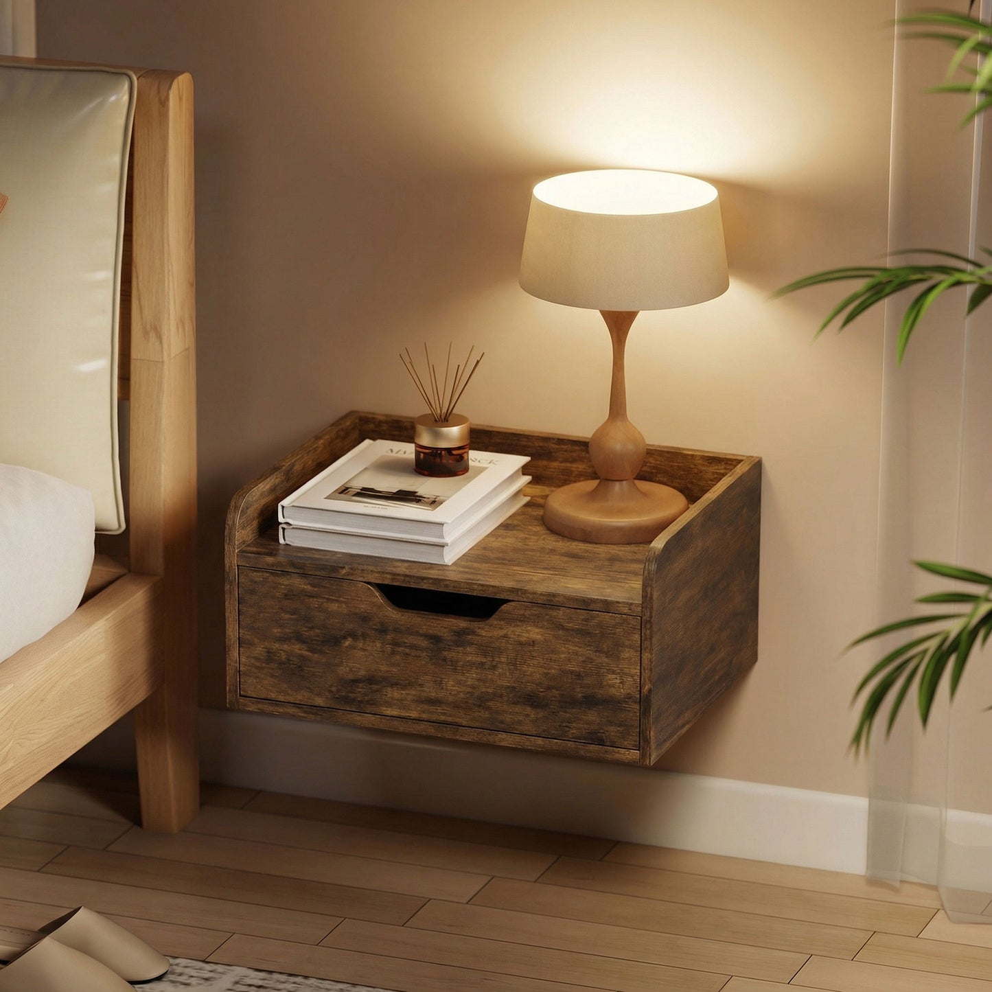 Floating Nightstands Set of 2, Wall Mounted Bedside Table with Drawer for Bedroom, Rustic Brown