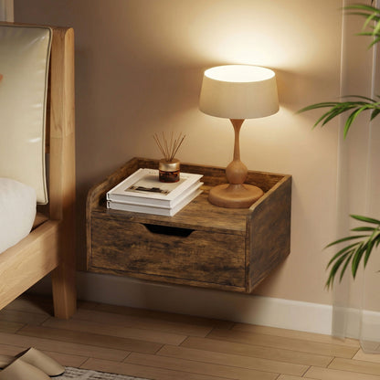 Floating Nightstands Set of 2, Wall Mounted Bedside Table with Drawer for Bedroom, Rustic Brown