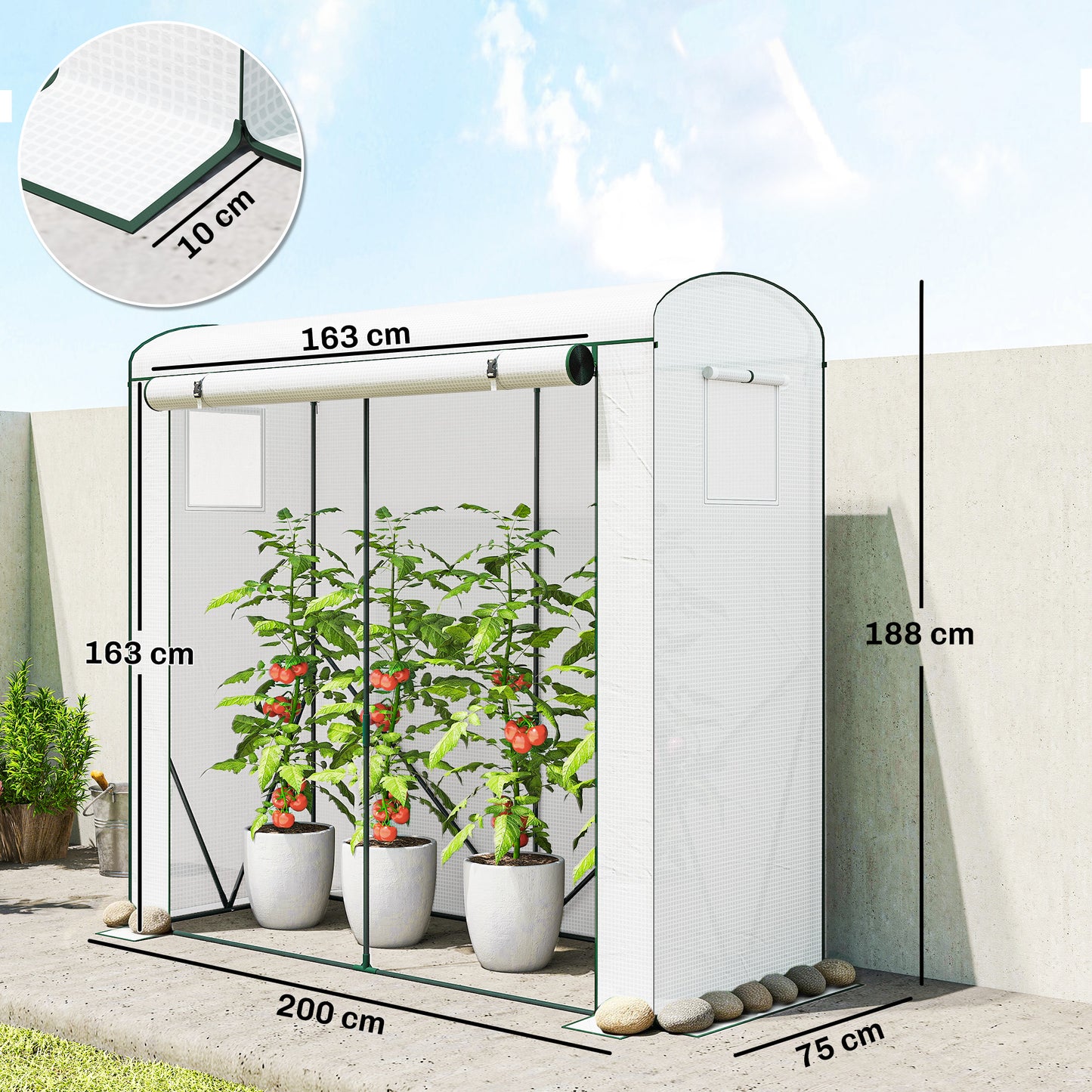 Mini Greenhouse, Garden Tomato Growhouse with Roll-Up Door and 2 Mesh Windows, PE Cover, 200 x 75 x 188 cm, White