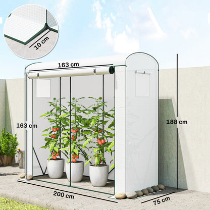 Mini Greenhouse, Garden Tomato Growhouse with Roll-Up Door and 2 Mesh Windows, PE Cover, 200 x 75 x 188 cm, White