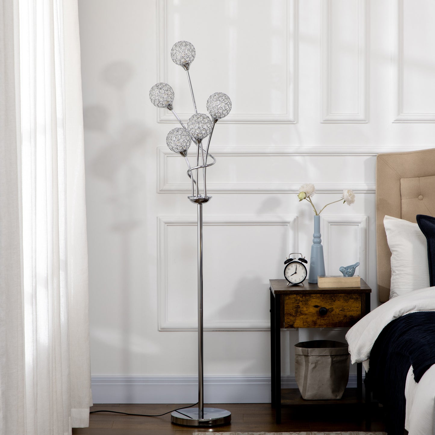Floor Lamps for Living Room Bedroom with 5 Light, Modern Upright Standing Lamp, 34x25x156cm, Silver