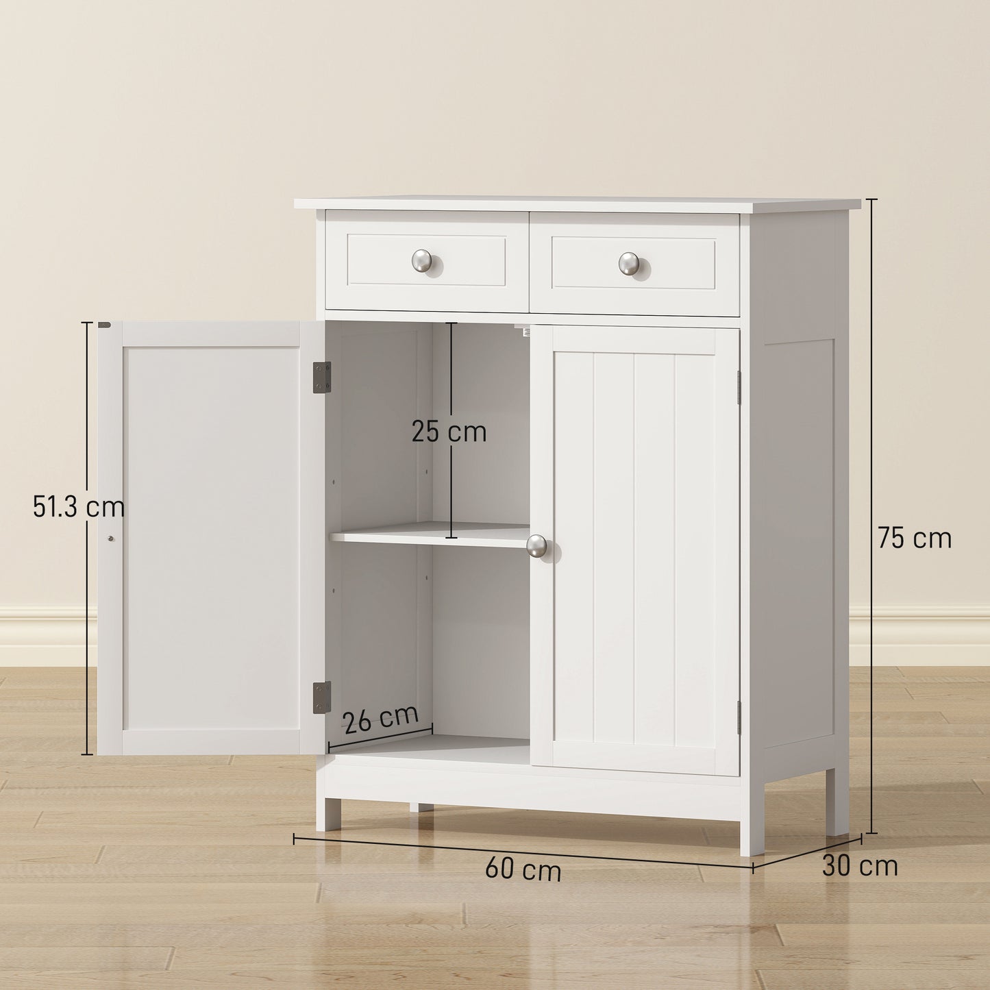 75x60cm Freestanding Bathroom Storage Cabinet Unit w/ 2 Drawers Cupboard Adjustable Shelf Metal Handles Traditional Style Whi