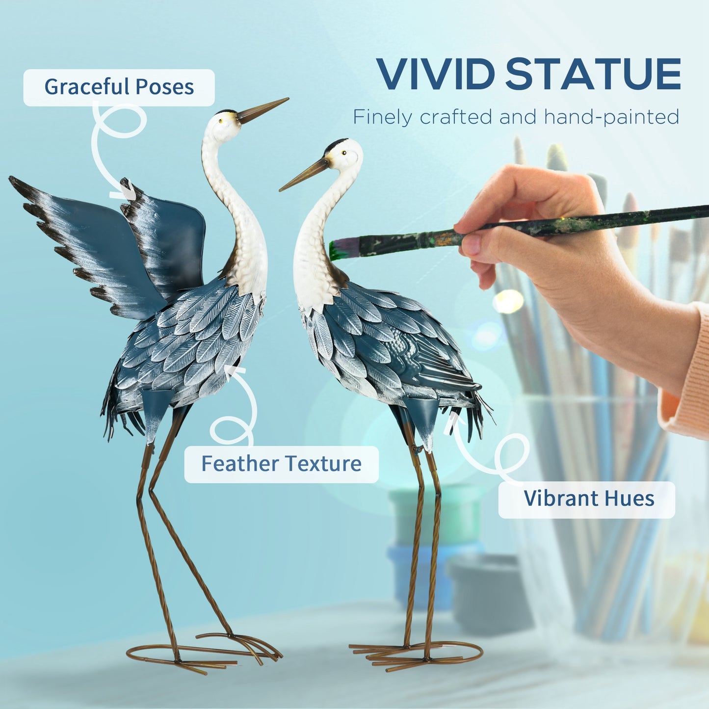 Heron Garden Statues, Standing Garden Ornament, Metal Garden Gift with Stakes, Blue & White