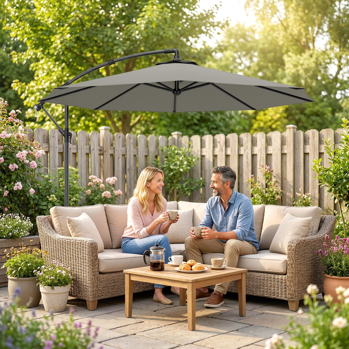 3m Overhanging Cantilever Parasol, with Cross Base - Light Grey