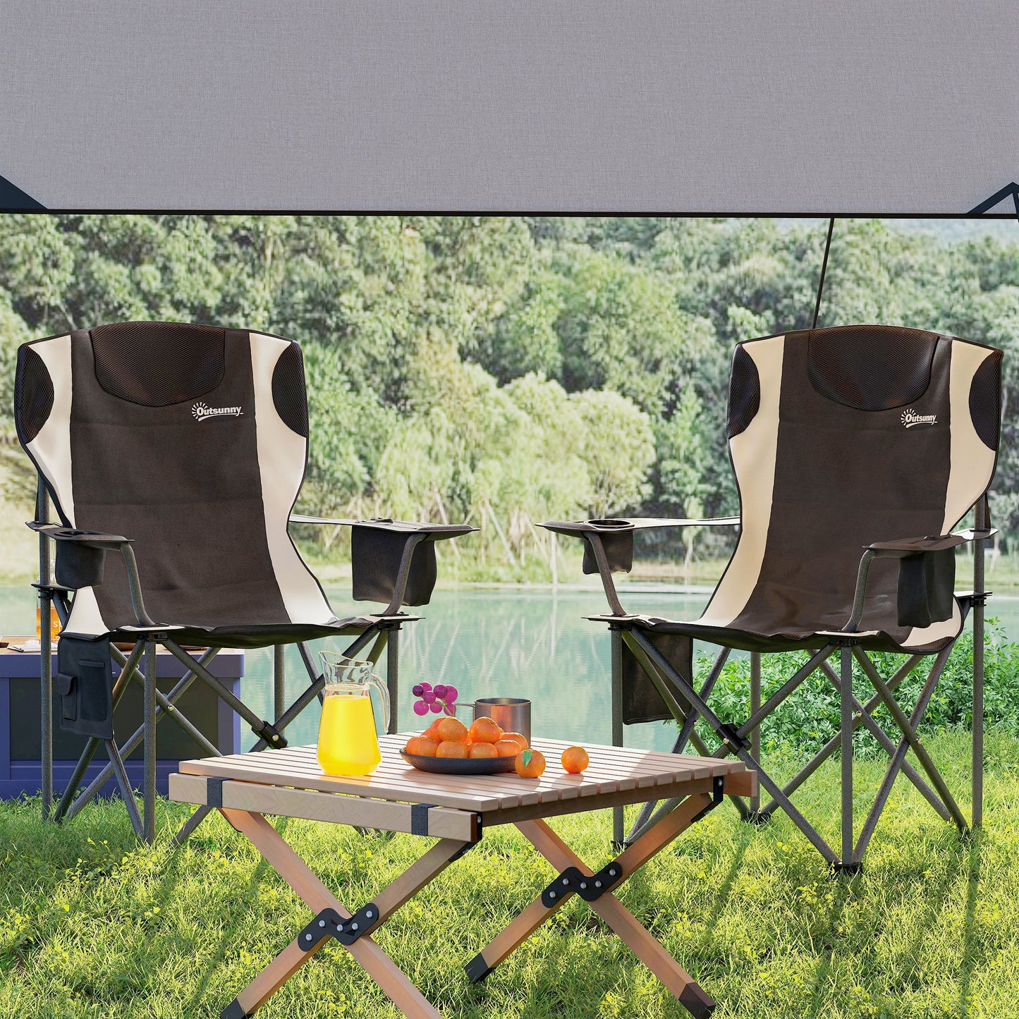Set of 2 Folding Camping Chairs, Padded Camping Chairs with Adjustable Armrests