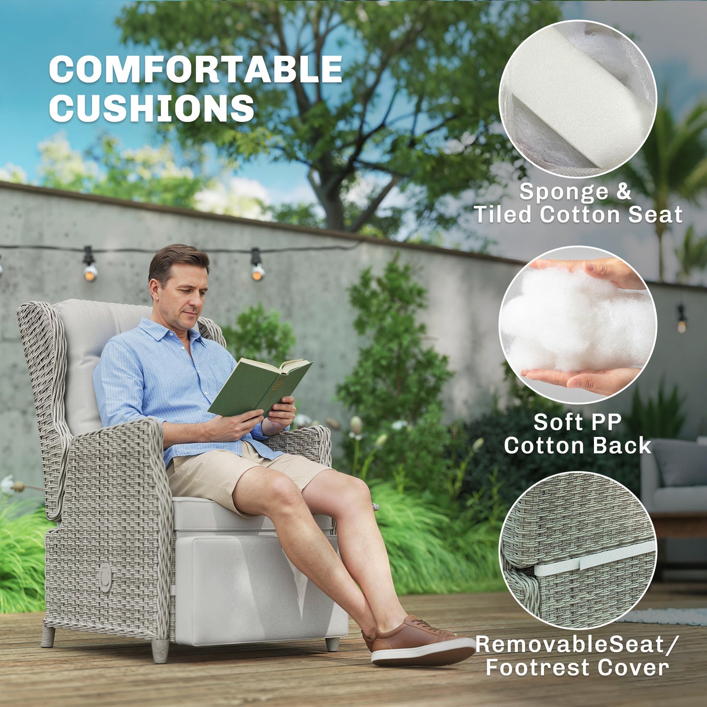 Rattan Garden Recliner Chair, Reclining Garden Chair with Adjustable Back and Footrest, Flip Table, Cushion, Light Grey