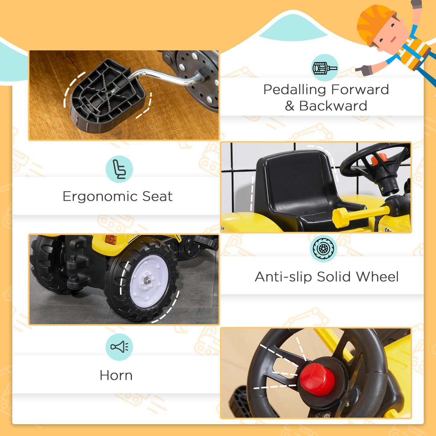 Ride On Tractor, Toddler Excavator Toy, Pretend Play Construction Truck with Adjustable Bucket, Horn for 3 Years+