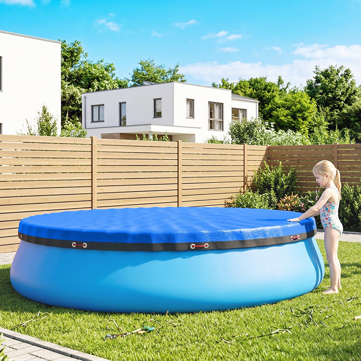 Round Pool Cover, 10 ft Waterproof Swimming Pool Cover with Secure Rope, Tightener for Above Ground Pools, Blue