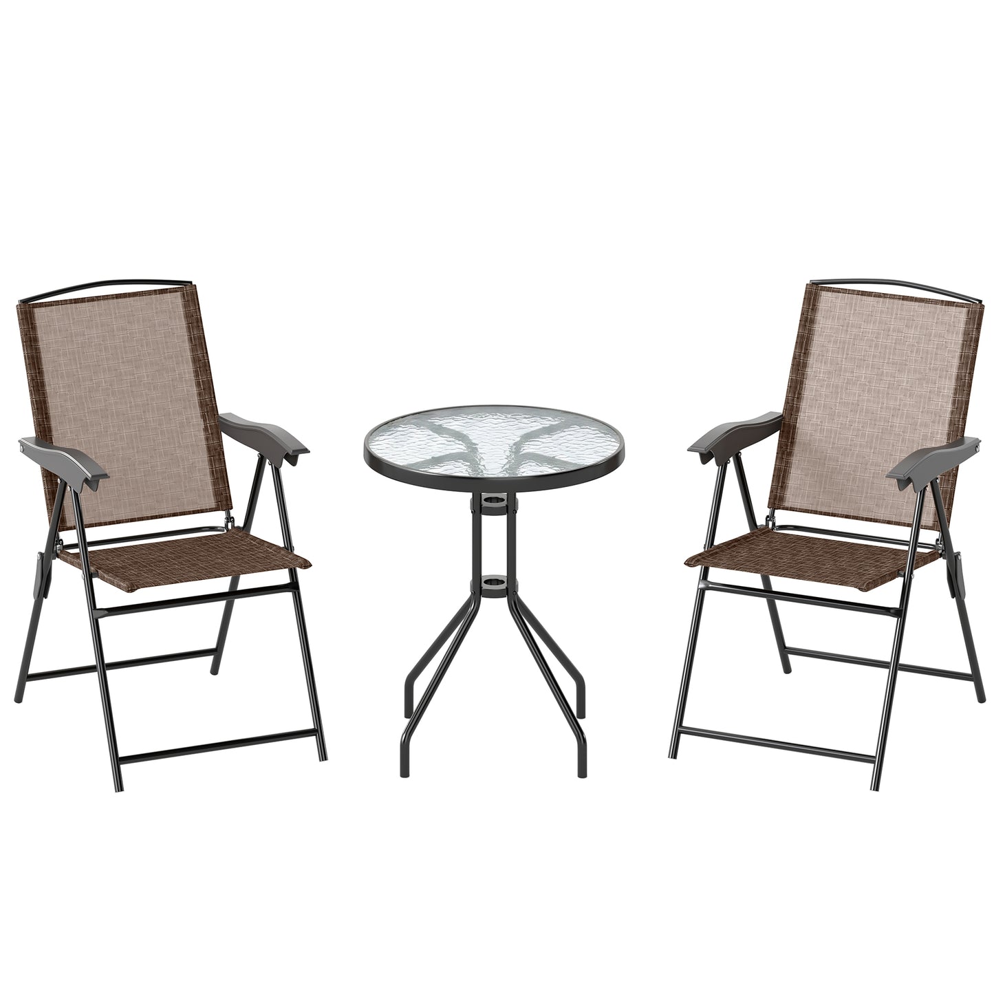 3 Piece Outdoor Bistro Set, Patio Conversation Furniture Set with 2 Folding Backrest Adjustable Armchairs and Glass Top Coffe