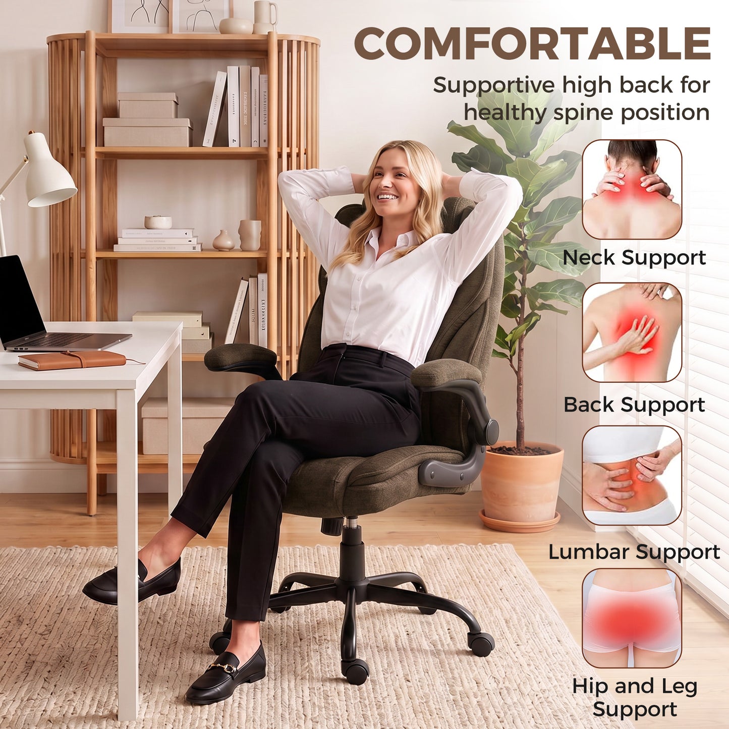 Office Chair, Ergonomic Desk Chair with Flip-up Armrest, Pocket Springs, Swivel Wheels, Adjustable Height, Brown