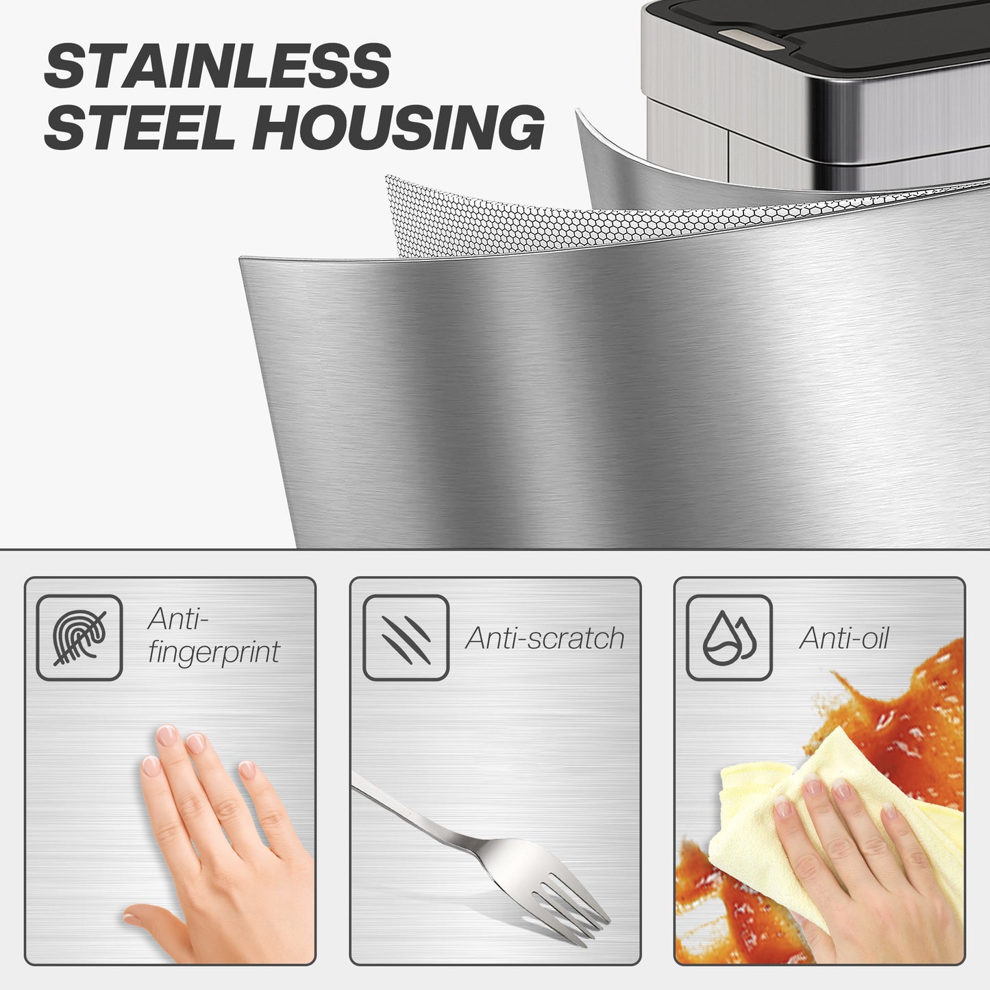 55L Sensor Bin, Large Automatic Touchless Rubbish Bin with Soft-Close Lid, Silver Tone
