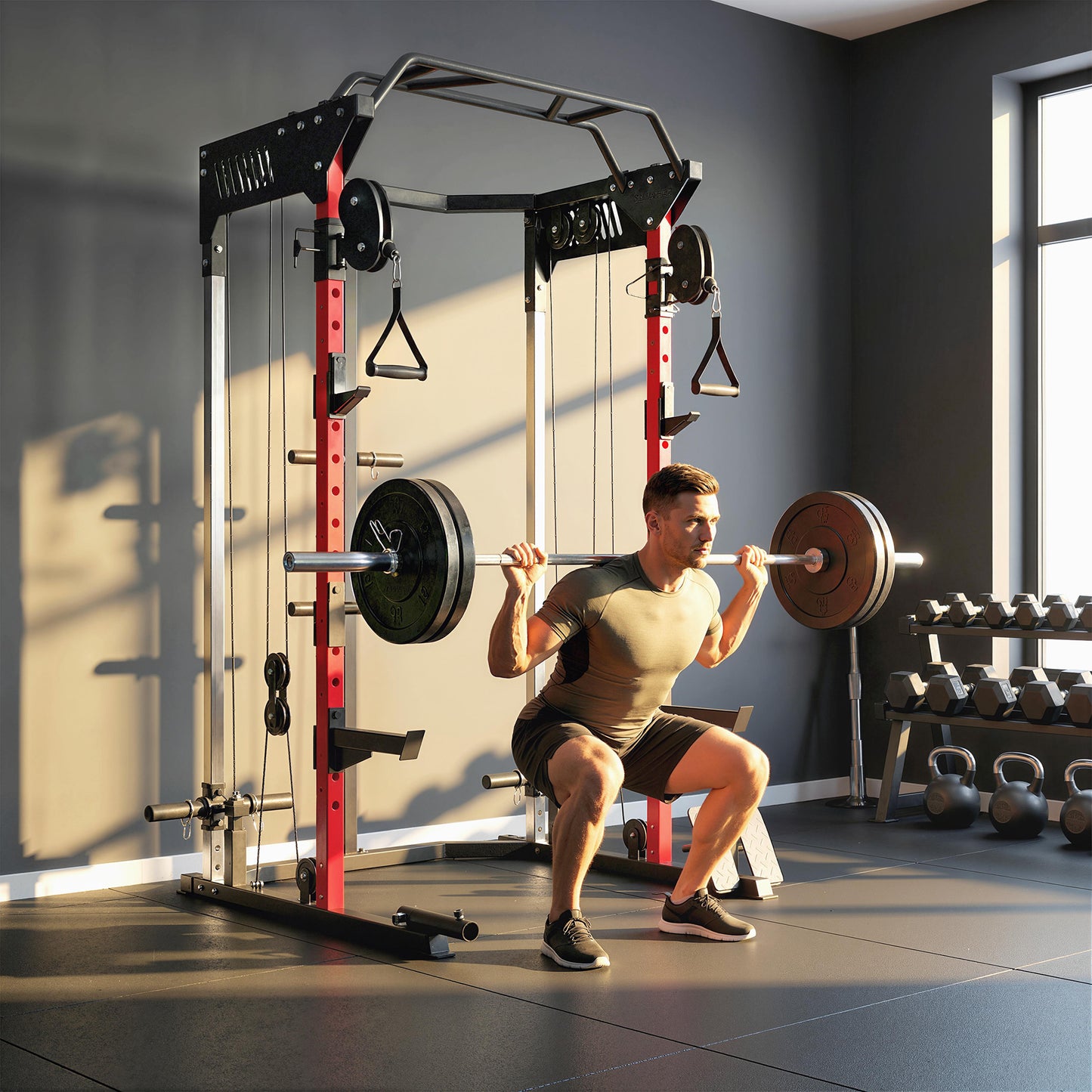 Power Cage, Power Rack with Adjustable Cable Pulley System, Pull-Up Bar, Dip Station, Landmine