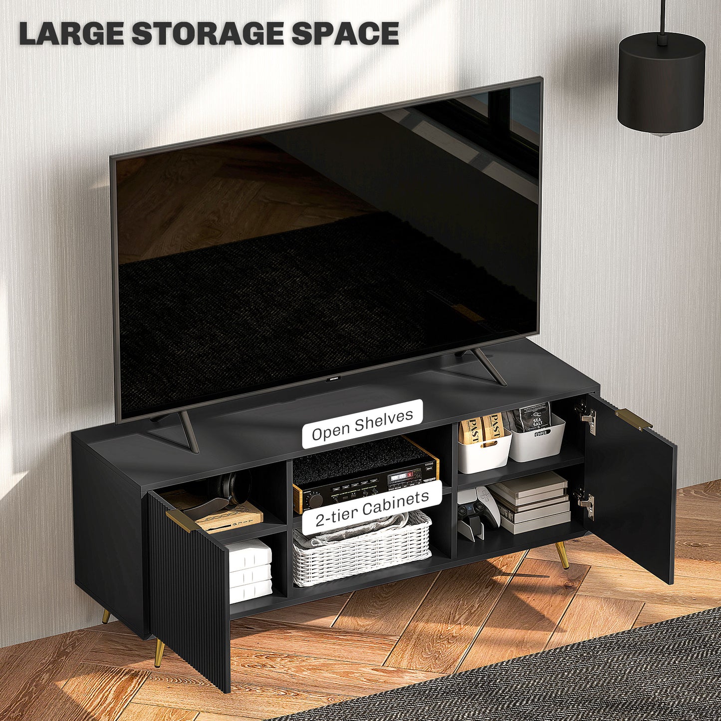 Modern TV Stand Cabinet for TVs up to 55", TV Unit with 2 Open Shelves and 2 Cabinets