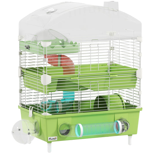 3-Tier Hamster Cage with Transparent Top, Sand Bathroom, Exercise Wheel, Hideout Room, Tubes, 45 x 28 x 60 cm, Green